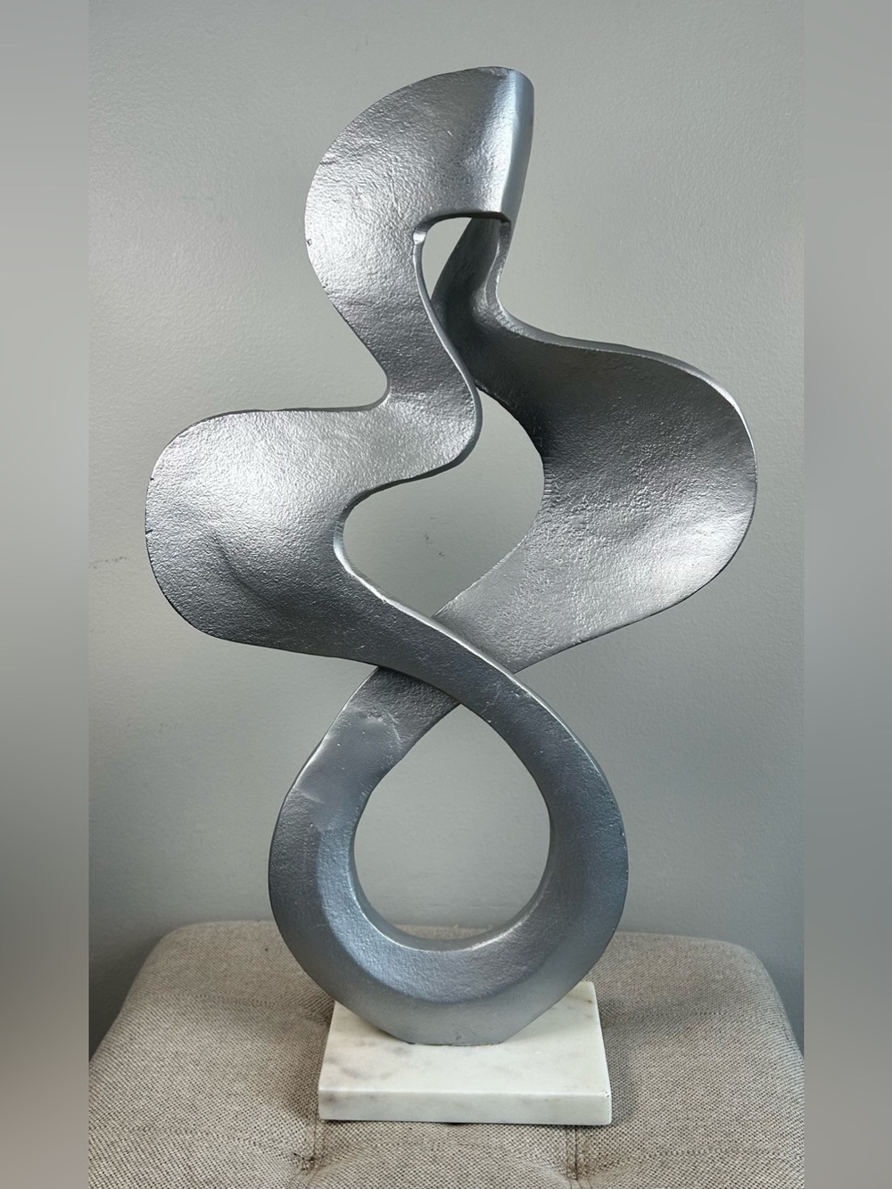 Silver Tone Metal Sculpture Flowing Wiggly Wavy Art Design White Marble Base